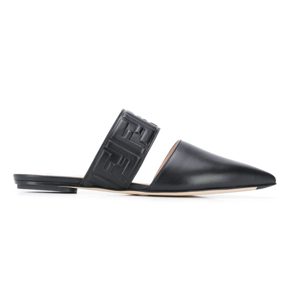 Fendi Motif FF Logo Black Leather Pointed Toe Ballerina Ballet Mule Flat 37.5 - Picture 1 of 12
